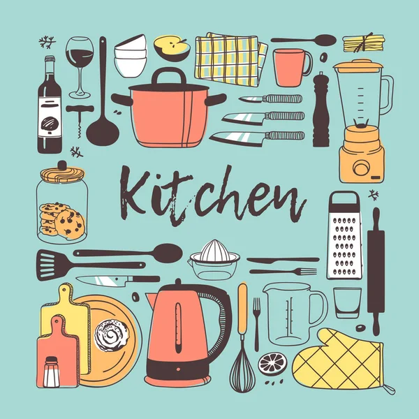 Ручна Намальована Ілюстрація Інструментів Приготування Їжі Посуду Їжі Творчі Твори — стоковий вектор