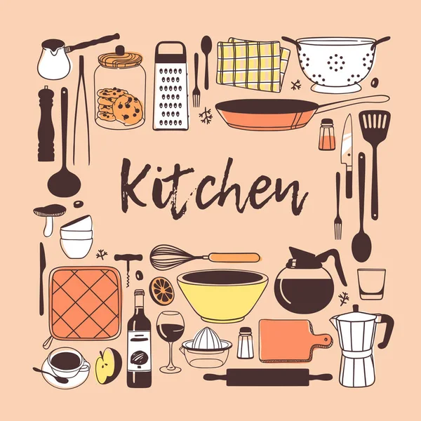 Illustration Dessinée Main Outils Cuisine Plats Aliments Œuvre Art Encre — Image vectorielle