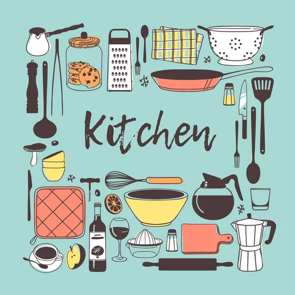 Illustration Dessinée Main Outils Cuisine Plats Aliments Œuvre Art Encre — Image vectorielle