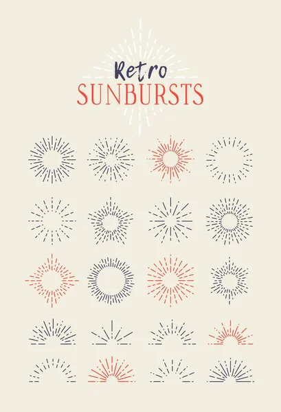 Set Vintage Sunbursts Different Shapes Trendy Hand Drawn Retro Bursting — Stock Vector