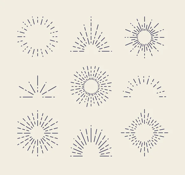 Set Sunbursts Vintage Diferentes Formas Elementos Diseño Rayas Explosión Retro — Vector de stock