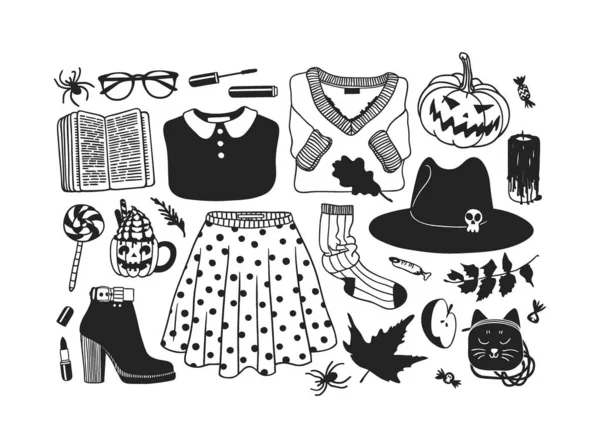 Készlet Lapos Halloween Ikonok Fekete Fehér Vektoros Illusztráció — Stock Vector