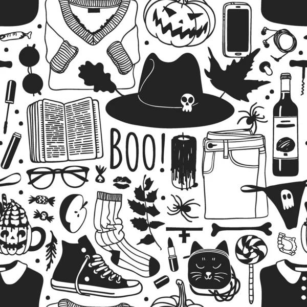 Set Ikon Halloween Datar Hitam Dan Putih Gambar Vektor - Stok Vektor