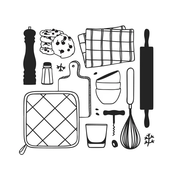 Ilustração Desenhada Mão Ferramentas Cozinha Pratos Alimentos Tinta Criativa Obra —  Vetores de Stock