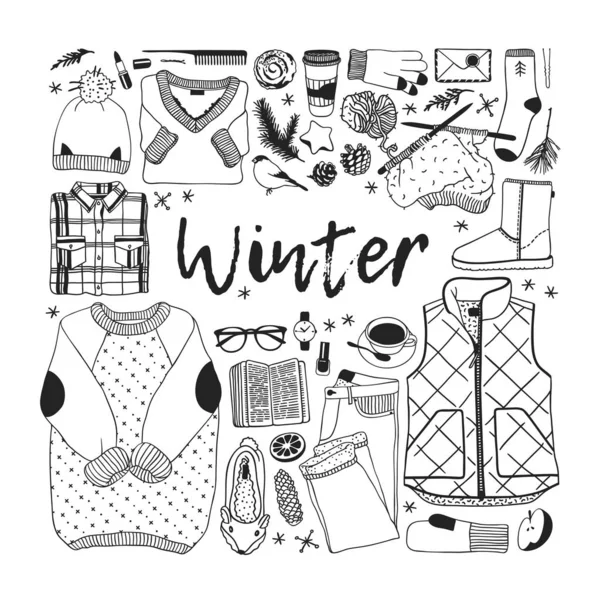 Sada Ručně Kreslené Zimní Oblečení Kresba Malba Útulný Zimní Sada — Stockový vektor