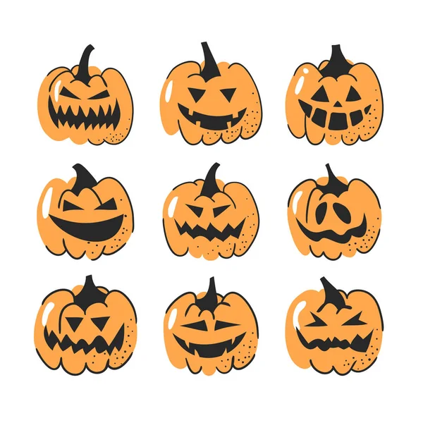 Dizi Düz Halloween Pumpkins Siyah Beyaz Vektör Çizim — Stok Vektör