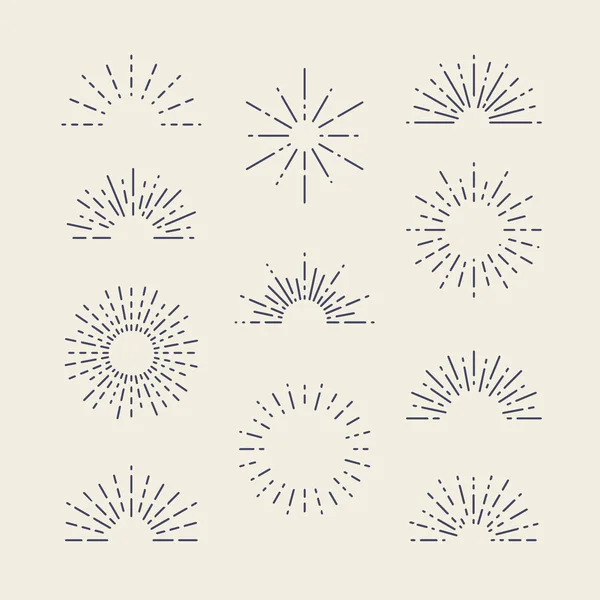 Set Sunbursts Vintage Diferentes Formas Elementos Diseño Rayas Explosión Retro — Vector de stock