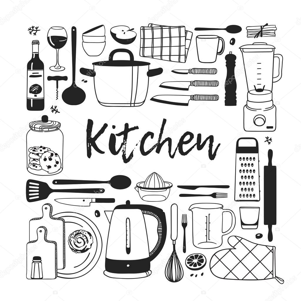 Hand drawn illustration cooking tools, dishes and food. Creative ink art work. Actual vector drawing. Kitchen set - Vector