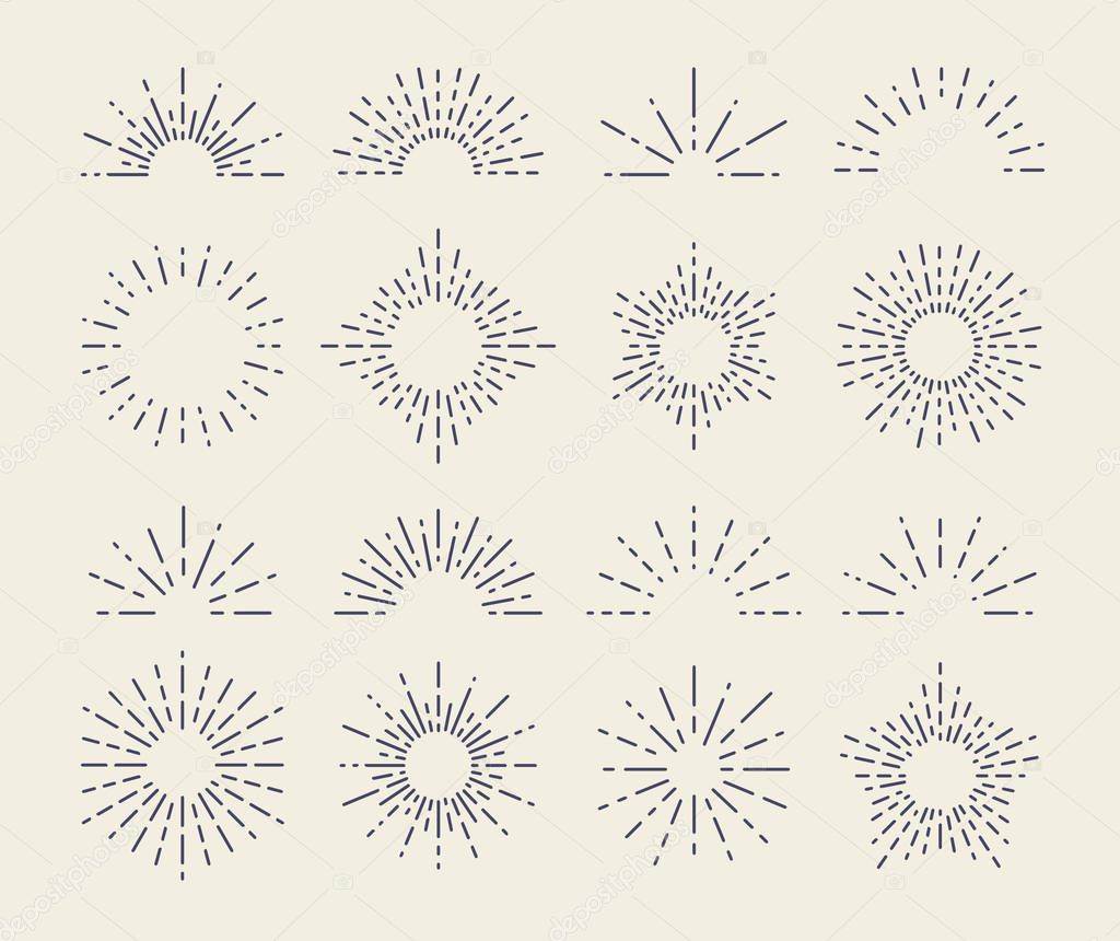 Set of Vintage Sunbursts in Different Shapes. Trendy Hand Drawn Retro Bursting Rays Design Elements. Hipster Vector illustration