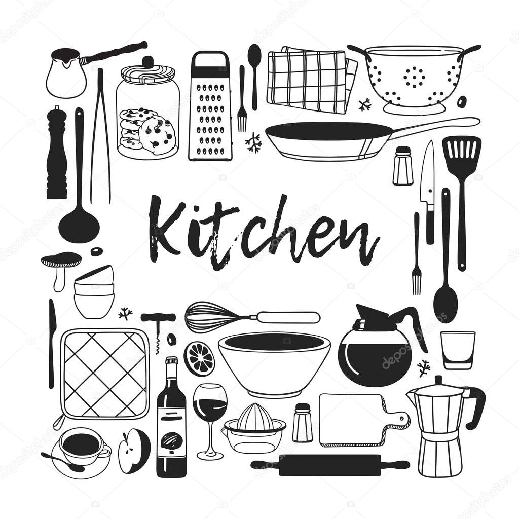 Hand drawn illustration cooking tools, dishes and food. Creative ink art work. Actual vector drawing. Kitchen set - Vector