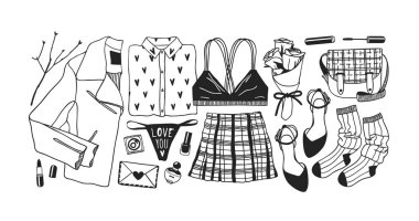 El moda illüstrasyon Romantik beyaz arka plan üzerinde izole nesneleri çekilmiş. Yaratıcı mürekkep sanat eseri. Gerçek vektör çizim tatil şeylerden. Sevgililer günün kutlu olsun ayarla