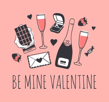 El moda illüstrasyon romantik nesneleri ve teklif çekilmiş. Yaratıcı mürekkep sanat eseri. Gerçek vektör çizim tatil şeylerden. Mutlu sevgililer günü kümesi ve mayın Sevgililer olmak metin