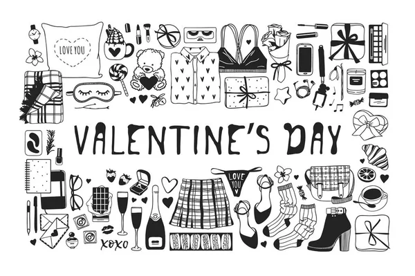 手描きファッション図ロマンチックなオブジェクトと引用 創造的なアート作品 実際のベクトル描画と休日の事 幸せのバレンタイン セットとテキスト バレンタインデー — ストックベクタ
