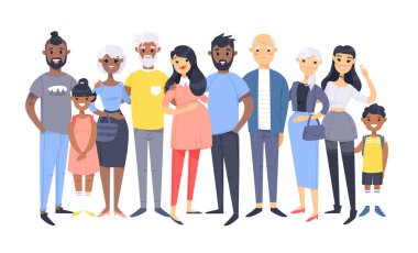 Farklı çiftler ve aileler kümesi. Çizgi film tarzı insanlar farklı ırklar, milletten (Afrika Amerika ve Asya), Yaş (Genç ve yaşlı), Bebek, çocuk, kız, hamile kadın