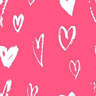 El çekilmiş boya Dikişsiz desen. Pembe ve beyaz kalpleri arka plan. Soyut fırça çizim. Grunge vektör sanat çizim