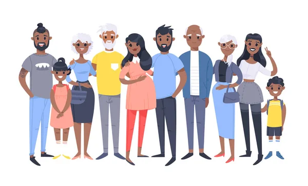 Ensemble Différents Couples Familles Afro Américains Dessins Animés Différents Âges — Image vectorielle