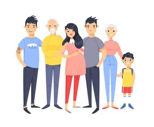 Ensemble Différents Couples Familles Asiatiques Dessins Animés Différents Âges Jeunes — Image vectorielle