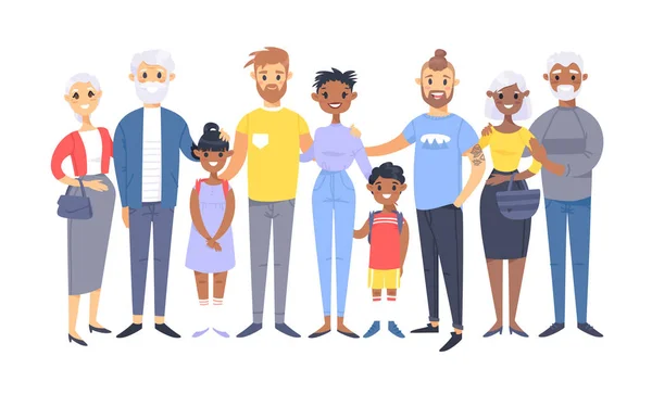 別のカップルや家族連れのセットです 漫画のスタイルの人々 の異なる人種 白人およびアフリカ系アメリカ人 若者と高齢者 赤ちゃん 男の子 女の子 妊娠中の女性 — ストックベクタ