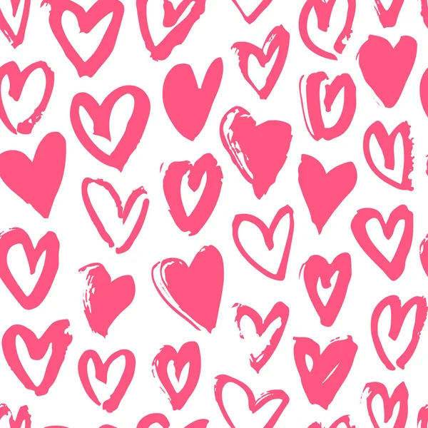 El çekilmiş boya Dikişsiz desen. Pembe ve beyaz kalpleri arka plan. Soyut fırça çizim. Grunge vektör sanat çizim