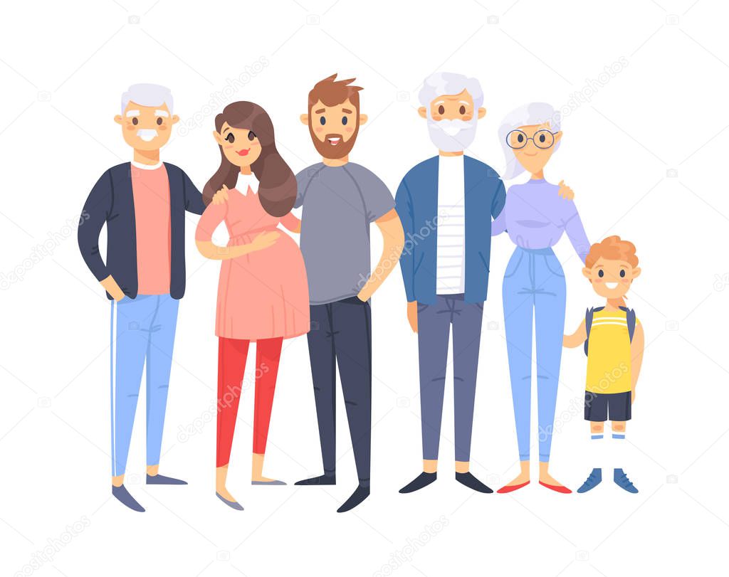 Set of different caucasian couples and families. Cartoon style people of different ages (young and elderly), with baby, boy, girl, pregnant woman