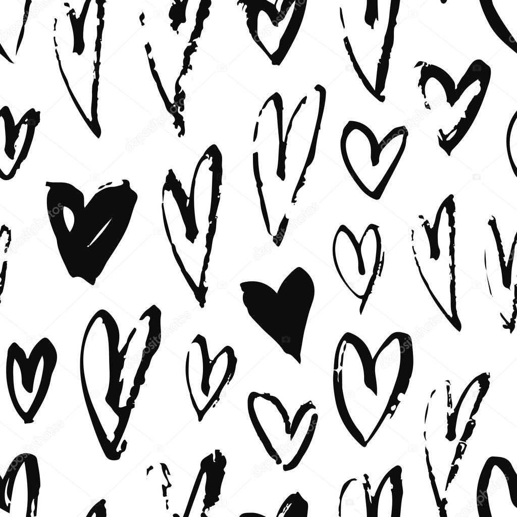 Seamless pattern with hand drawn paint object for design use. Black and white background. Abstract brush drawing. Vector art illustration grunge hearts