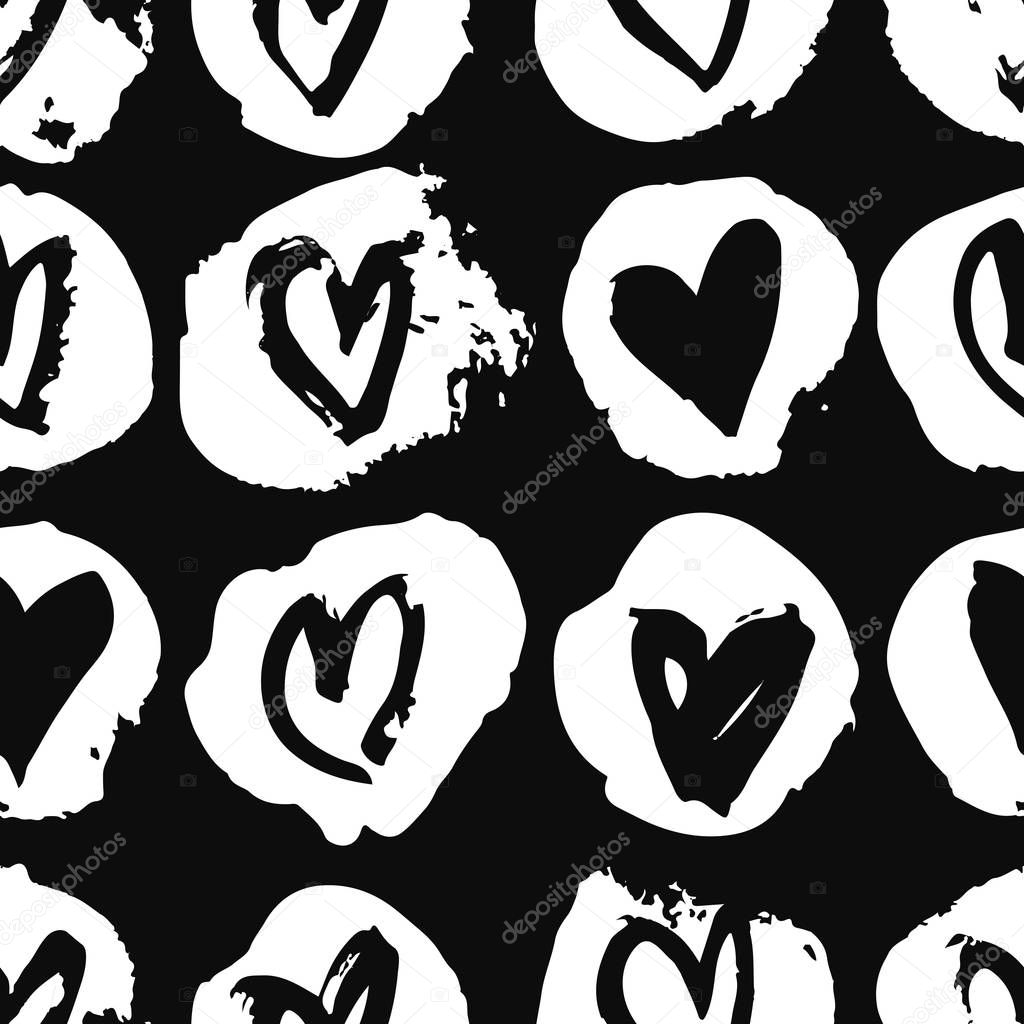 Seamless pattern with hand drawn paint object for design use. Black and white background. Abstract brush drawing. Vector art illustration grunge hearts