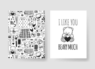 Romantik nesneleri ve teklif elle çizilmiş şablonları moda kartlarla kümesi. Yaratıcı mürekkep sanat eseri. Gerçek vektör çizim tatil şeylerden. Sevgililer günün kutlu olsun illüstrasyon