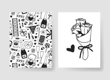 Romantik nesneleri ve teklif elle çizilmiş şablonları moda kartlarla kümesi. Yaratıcı mürekkep sanat eseri. Gerçek vektör çizim tatil şeylerden. Sevgililer günün kutlu olsun illüstrasyon