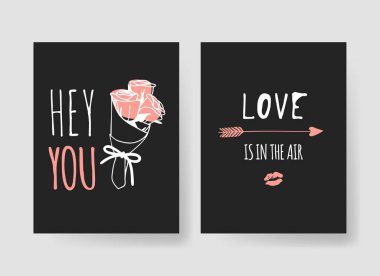 Romantik nesneleri ve teklif elle çizilmiş şablonları moda kartlarla kümesi. Yaratıcı mürekkep sanat eseri. Gerçek vektör çizim tatil şeylerden. Sevgililer günün kutlu olsun illüstrasyon