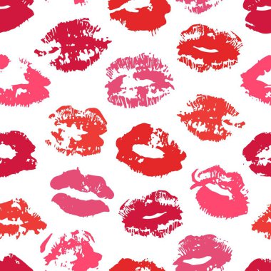 Hand drawn fashion illustration lipstick kiss. Female seamless pattern with red lips. Romantic vector background clipart