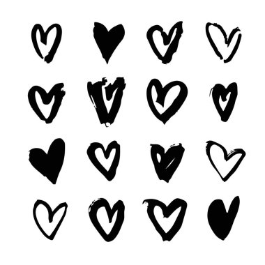 Tasarım kullanmak için elle çizilmiş boya nesnesi kümesi. Siyah ve beyaz arka plan. Soyut fırça çizim. Vektör sanat illüstrasyon grunge kalpler