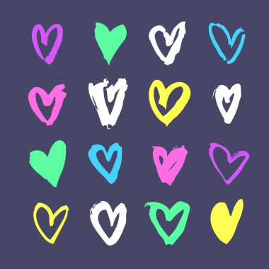 Tasarım kullanmak için elle çizilmiş boya nesnesi kümesi. Asit renkleri mavi zemin üzerine. Soyut fırça çizim. Vektör sanat illüstrasyon grunge kalpler