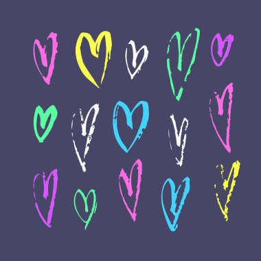 Tasarım kullanmak için elle çizilmiş boya nesnesi kümesi. Asit renkleri mavi zemin üzerine. Soyut fırça çizim. Vektör sanat illüstrasyon grunge kalpler