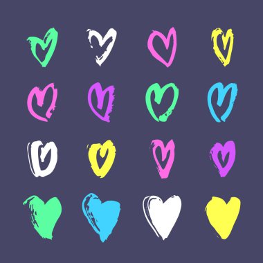 Tasarım kullanmak için elle çizilmiş boya nesnesi kümesi. Asit renkleri mavi zemin üzerine. Soyut fırça çizim. Vektör sanat illüstrasyon grunge kalpler