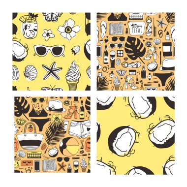 Elle çizilmiş yaz Dikişsiz desen seti. Sarı tropikal vektör arka plan. Sanatsal doddle çizimler. Yaratıcı mürekkep sanat eserleri. Moda illüstrasyon sezon nesneleri