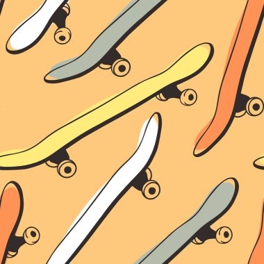 El kaykay ile çizilmiş seamless modeli. Sanatsal doddle arka plan. Vektör yaratıcı mürekkep sanat eseri. Moda illüstrasyon skat