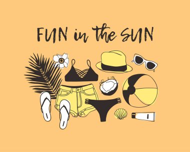 Elle çizilmiş yaz teklif ve illüstrasyon. Gerçek tropikal vektör arka plan. Sanatsal doddle çizim. Yaratıcı mürekkep sanat eseri ve metin Fun In The Sun