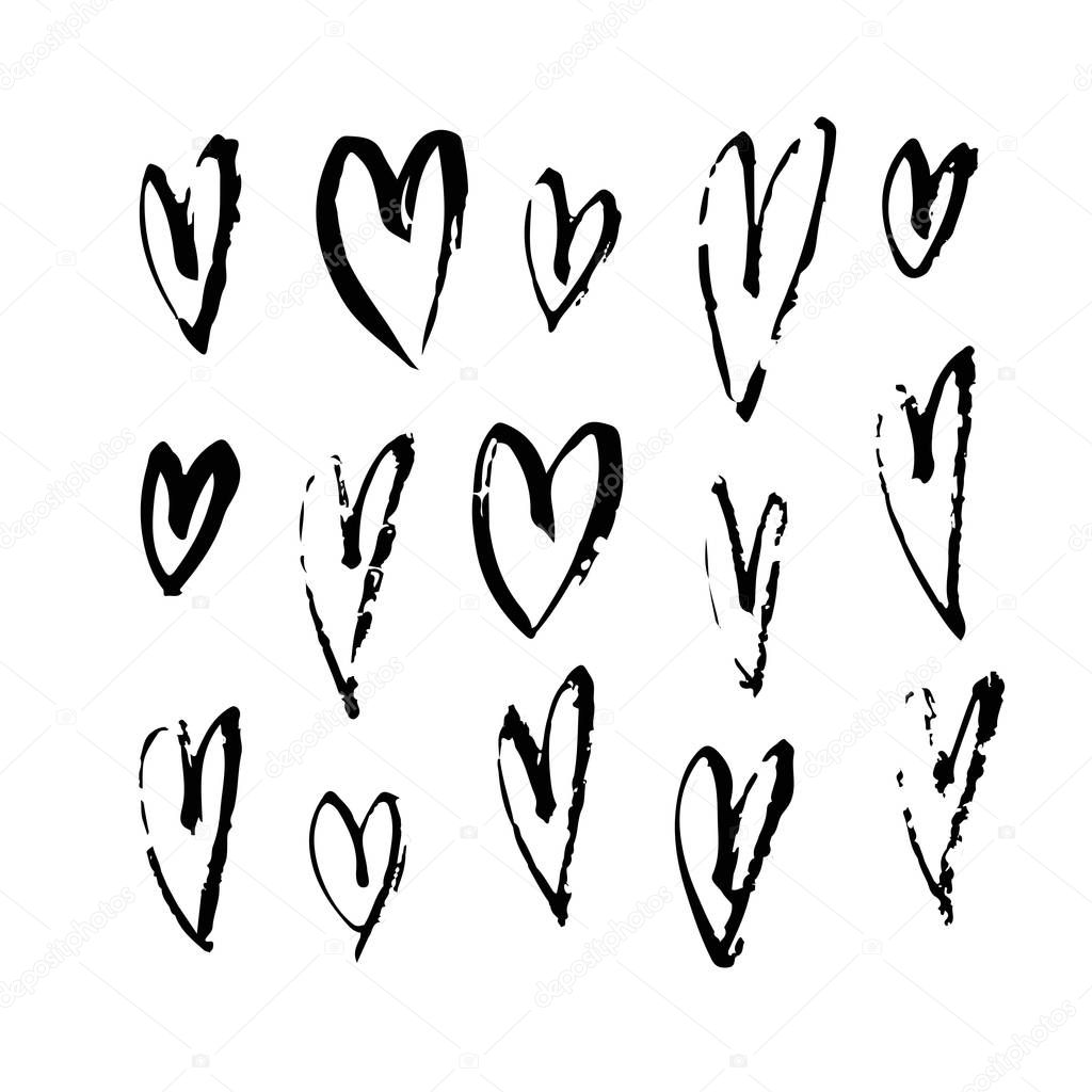 Set of hand drawn paint object for design use. Black and white background. Abstract brush drawing. Vector art illustration grunge hearts