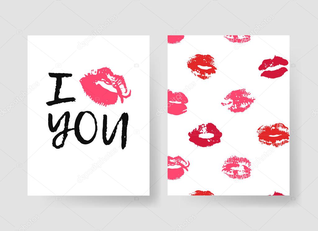Set of templates for romantic cards. Hand drawn fashion illustration lipstick kiss. Female vector patterns brochures with lips. Actual artistic Valentines Day design 