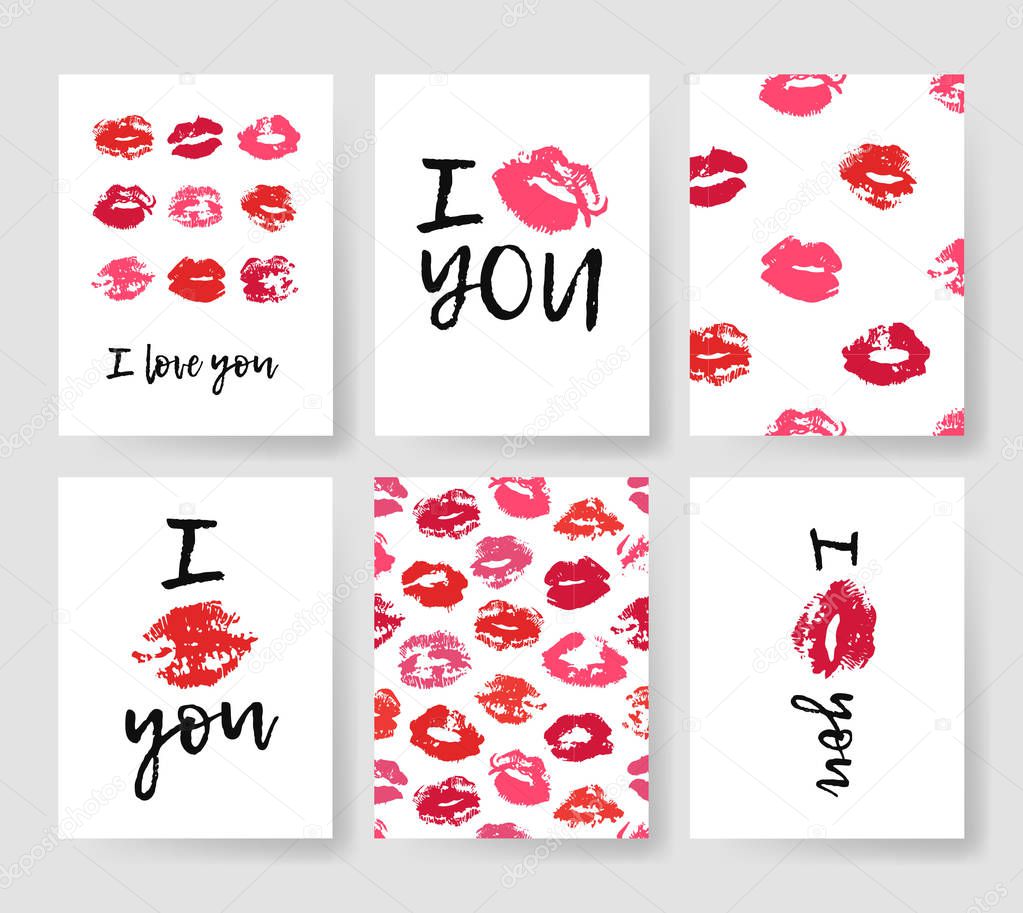 Set of templates for romantic cards. Hand drawn fashion illustration lipstick kiss. Female vector patterns brochures with lips. Actual artistic Valentines Day design 