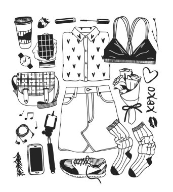 Elle çizilmiş bahar moda illüstrasyon aşınma. Gerçek sezon vektör arka plan. Siyah ve beyaz sanatsal doddle çizim etek, sütyen, gömlek, Ayakkabı, çorap, çanta, telefon, kulaklık. Yaratıcı mürekkep sanat eseri