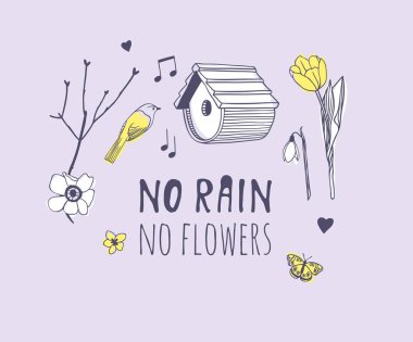 El bahar moda çizim nesneleri ve alıntı hayır yağmur, hayır çiçek çekilmiş. Gerçek sezon vektör menekşe arka plan üzerinde. Sanatsal doddle iç içe geçmiş kutusu, kuş, çiçek ve metin çizim. Yaratıcı mürekkep sanat eseri