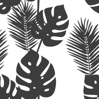 Palmiye yaprakları ile el çekilmiş yaz Dikişsiz desen. Tropikal vektör arka plan. Sanatsal doddle çizim. Yaratıcı mürekkep sanat eseri. Moda illüstrasyon