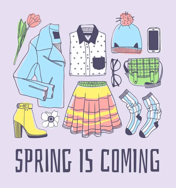 Dibujado Mano Primavera Moda Ilustración Desgaste Cita Primavera Está Llegando — Vector de stock