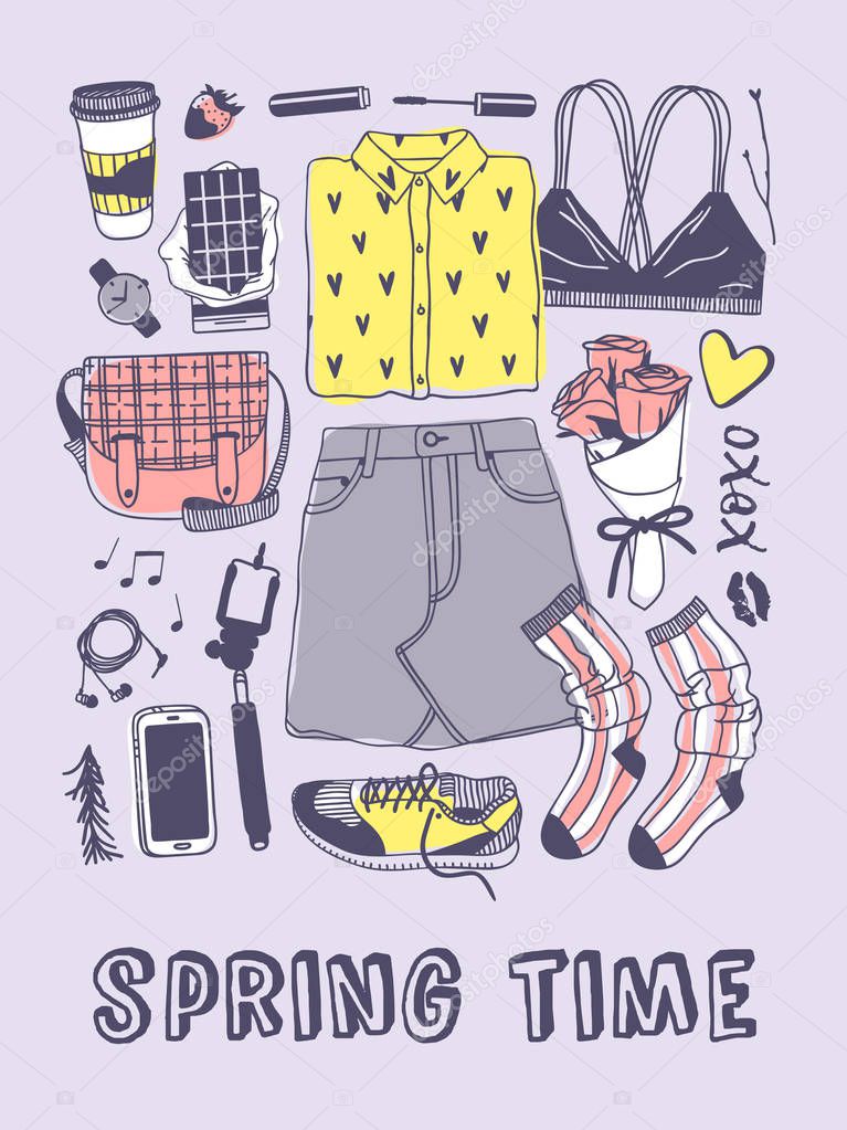 Hand drawn Spring Fashion illustration wear and text. Actual Season vector on violet background. Artistic doddle drawing skirt, bra, shirt, sneackers, socks, bag, phone, headphones and quote SPRING TIME. Creative ink art work