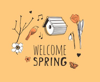 El çekilmiş moda çizim nesneleri ve teklif hoşgeldiniz bahar. Gerçek sezon vektör sarı zemin üzerine. Sanatsal doodle iç içe geçmiş kutusu, kuş, çiçek ve metin çizim. Yaratıcı mürekkep sanat eseri