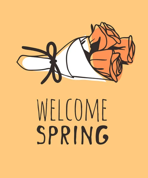 Printemps Dessiné Main Illustration Mode Fleur Citation Bienvenue Spring Vecteur — Image vectorielle
