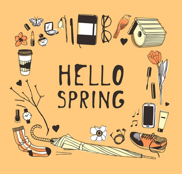 Handgezeichnete Mode Illustrationsobjekte Und Zitieren Hallo Frühling Aktueller Saisonvektor Auf — Stockvektor