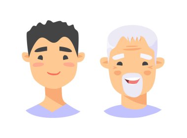 Asyalı erkek karakter kümesi. Karikatür tarzı yaşlı ve genç pe