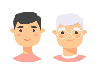 Asyalı erkek karakter kümesi. Karikatür tarzı yaşlı ve genç pe